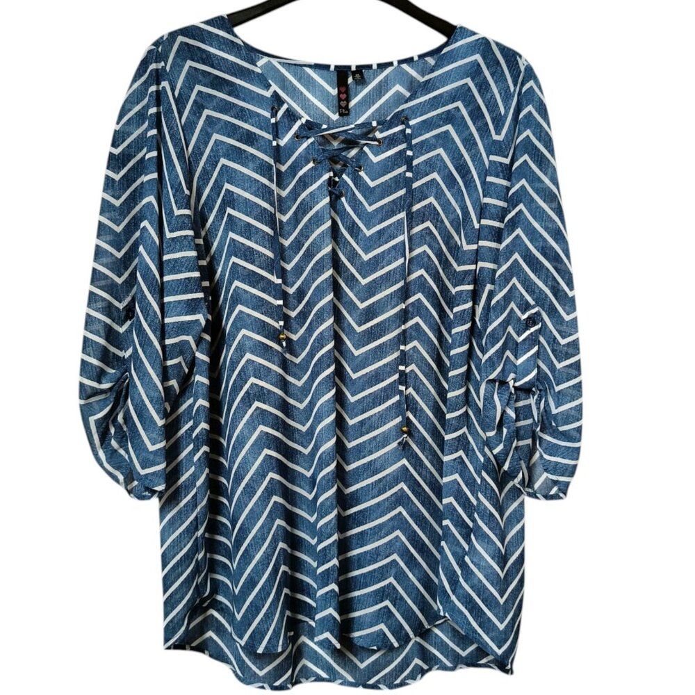 Women's Blue Chevron Lace-Up Blouse